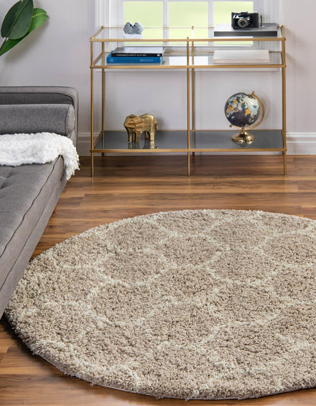 Light Brown 3' 3 x 3' 3 Trellis Shag Round Area Rug Thick Soft Touch Fluffy & Plush Shaggy Pile