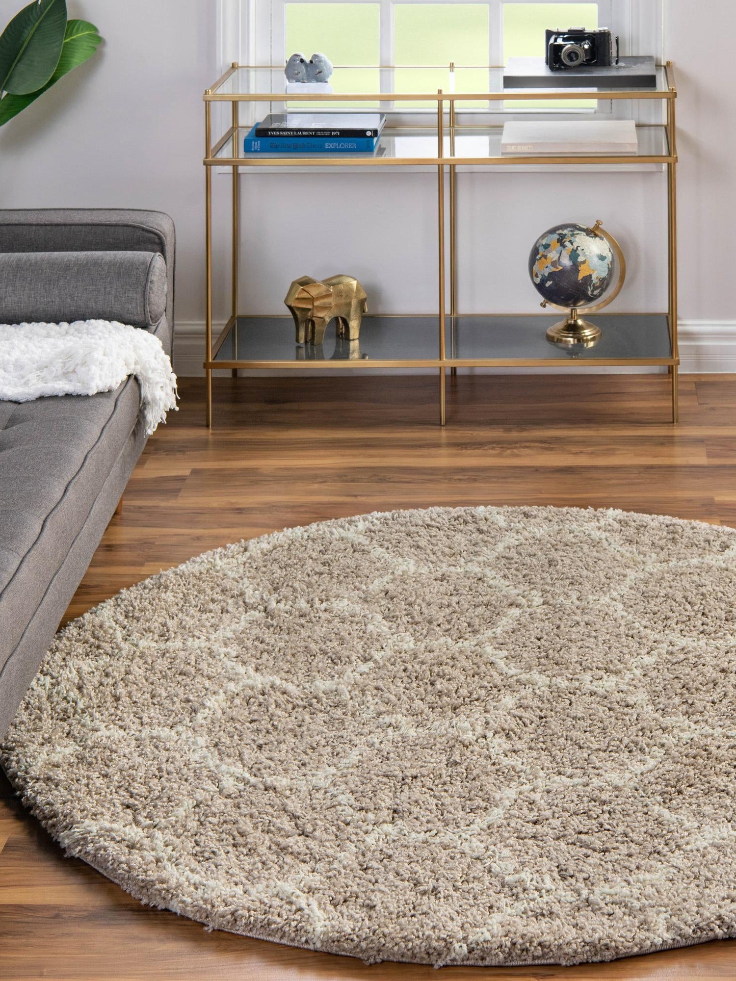 Light Brown 5' 3 x 5' 3 Trellis Shag Round Area Rug Thick Soft Touch Fluffy & Plush Shaggy Pile Geometric Modern Unique Carpet for Home Interior Design for Sale at Rug Engine