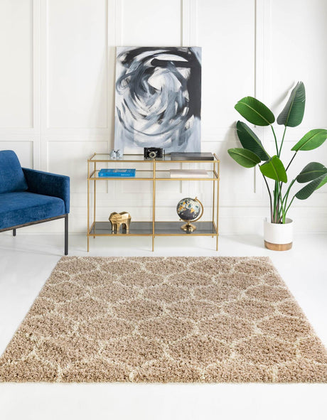 Light Brown 10' x 10' Trellis Shag Square Area Rug Thick Soft Touch Fluffy & Plush Shaggy Pile