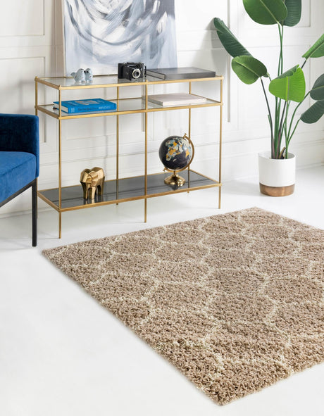 Light Brown 10' x 10' Trellis Shag Square Area Rug Thick Soft Touch Fluffy & Plush Shaggy Pile