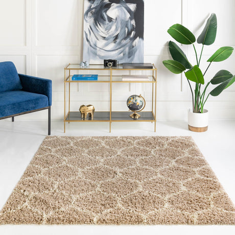 Light Brown 5' 3 x 5' 3 Trellis Shag Square Area Rug Thick Soft Touch Fluffy & Plush Shaggy Pile Geometric Modern Unique Carpet for Home Interior Design for Sale at Rug Engine