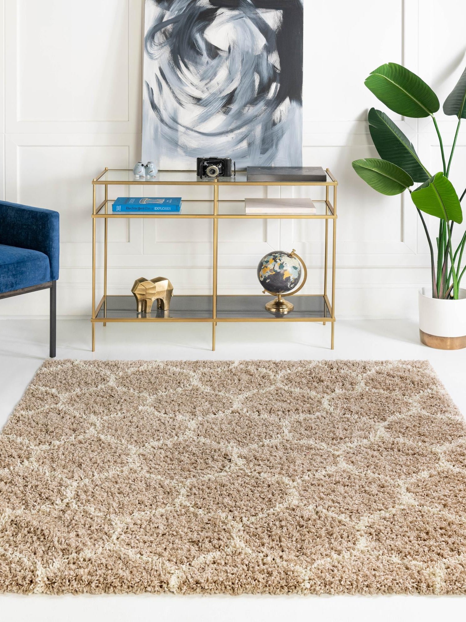 Light Brown 3' 3 x 3' 3 Trellis Shag Square Area Rug Thick Soft Touch Fluffy & Plush Shaggy Pile Geometric Modern Unique Carpet for Home Interior Design for Sale at Rug Engine