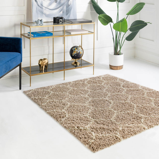 Light Brown 3' 3 x 3' 3 Trellis Shag Square Area Rug Thick Soft Touch Fluffy & Plush Shaggy Pile