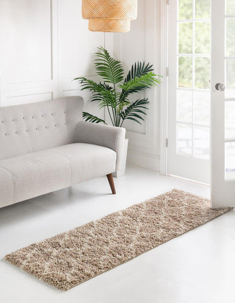 Light Brown 3' 3 x 16' 5 Trellis Shag Runner Area Rug Thick Soft Touch Fluffy & Plush Shaggy Pile