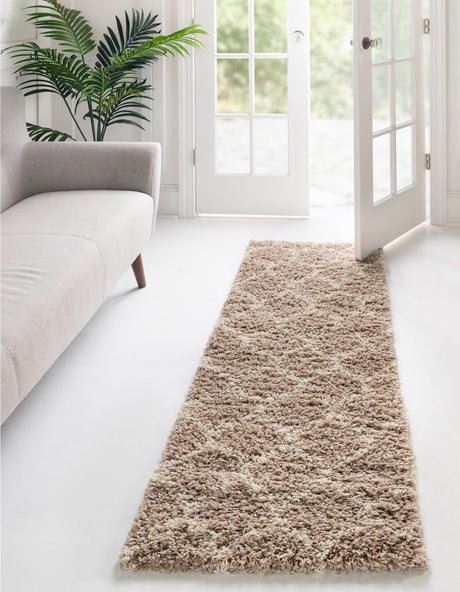 Light Brown 3' 3 x 16' 5 Trellis Shag Runner Area Rug Thick Soft Touch Fluffy & Plush Shaggy Pile