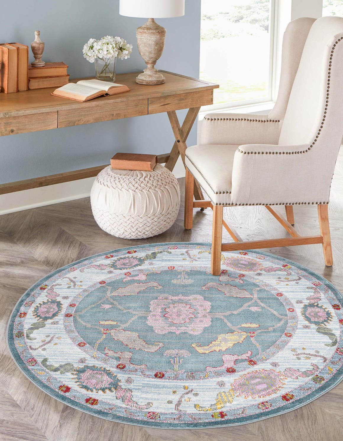 Gray and Blue 5' 5 x 5' 5 Paragon Round Area Rug 100% Polypropylene Colorful Vivid Boho Style Modern Carpet for Unique Interiors for Sale at Rug Engine