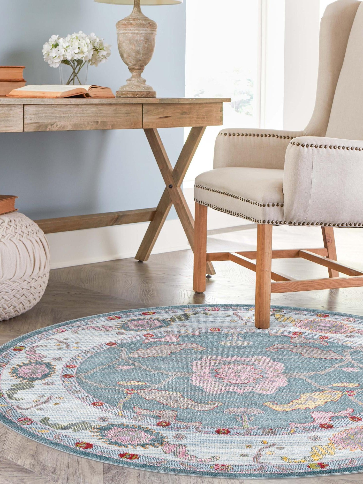 Gray and Blue 3' 3 x 3' 3 Paragon Round Area Rug 100% Polypropylene Colorful Vivid Boho Style Modern Carpet for Unique Interiors for Sale at Rug Engine