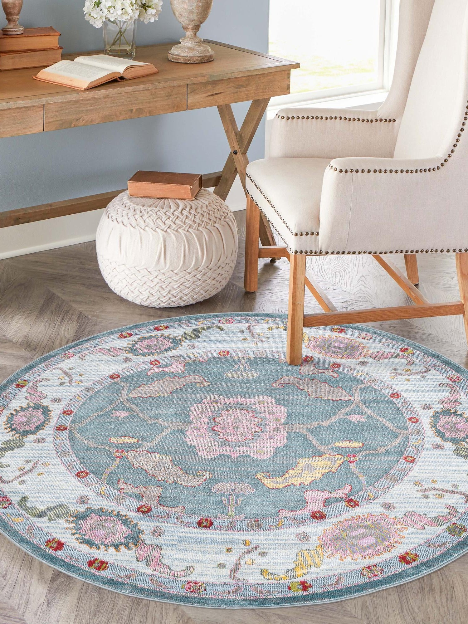 Gray and Blue 3' 3 x 3' 3 Paragon Round Area Rug 100% Polypropylene Colorful Vivid Boho Style Modern Carpet for Unique Interiors for Sale at Rug Engine