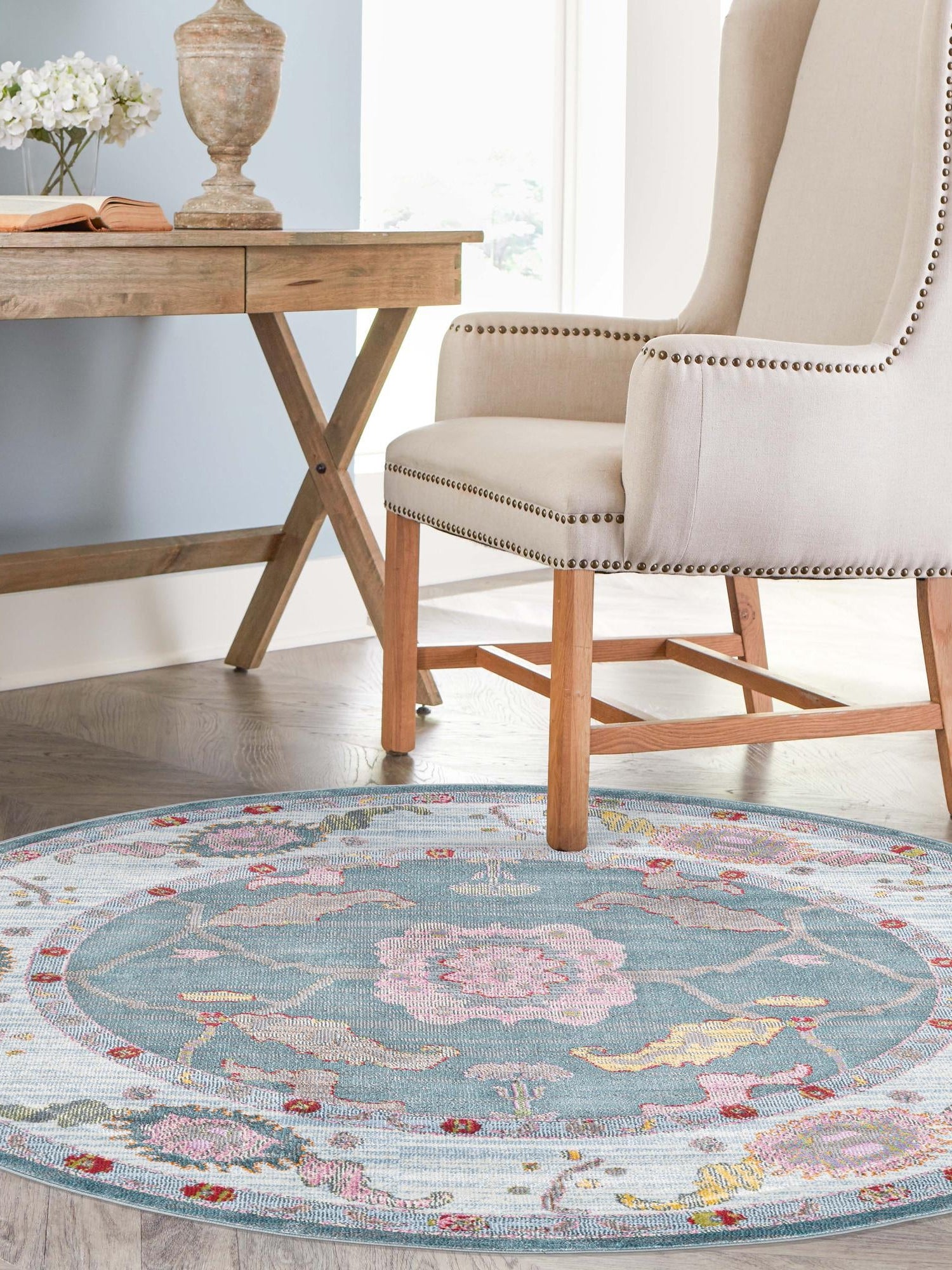 Gray and Blue 3' 3 x 3' 3 Paragon Round Area Rug 100% Polypropylene Colorful Vivid Boho Style Modern Carpet for Unique Interiors for Sale at Rug Engine