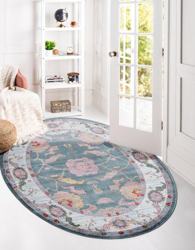 Gray and Blue 5' 5 x 8' Paragon Oval Area Rug 100% Polypropylene Colorful Vivid Boho Style Modern Carpet for Unique Interiors for Sale at Rug Engine