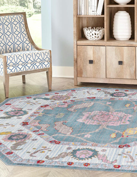 Gray and Blue 6' x 6' Paragon Octagon Area Rug 100% Polypropylene Colorful Vivid Boho Style Modern Carpet for Unique Interiors for Sale at Rug Engine