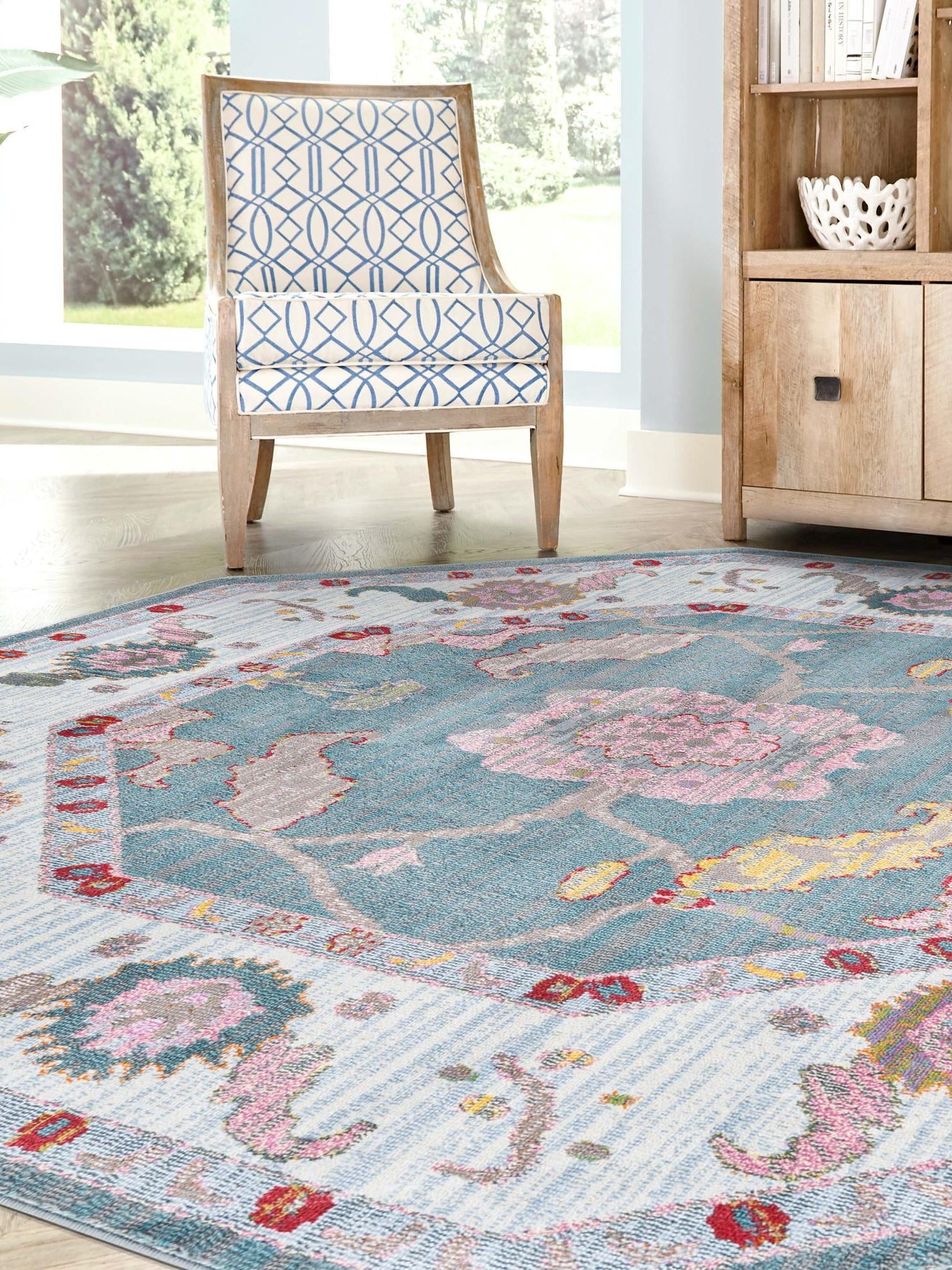 Gray and Blue 4' x 4' Paragon Octagon Area Rug 100% Polypropylene Colorful Vivid Boho Style Modern Carpet for Unique Interiors for Sale at Rug Engine