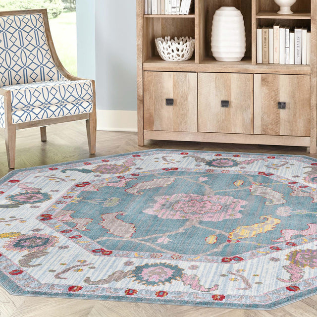 Gray and Blue 4' x 4' Paragon Octagon Area Rug 100% Polypropylene Colorful Vivid Boho Style Modern Carpet for Unique Interiors for Sale at Rug Engine