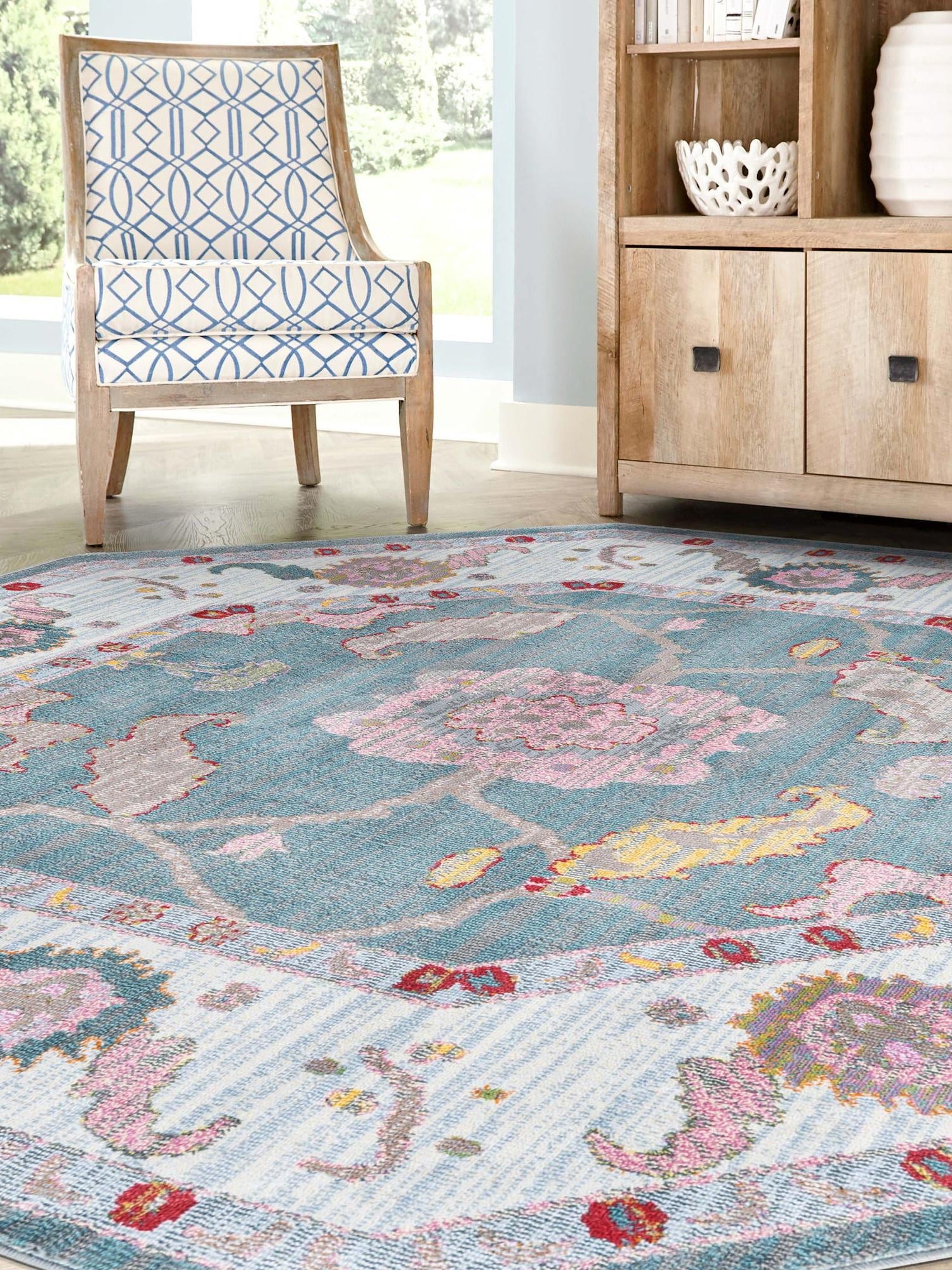 Gray and Blue 4' x 4' Paragon Octagon Area Rug 100% Polypropylene Colorful Vivid Boho Style Modern Carpet for Unique Interiors for Sale at Rug Engine