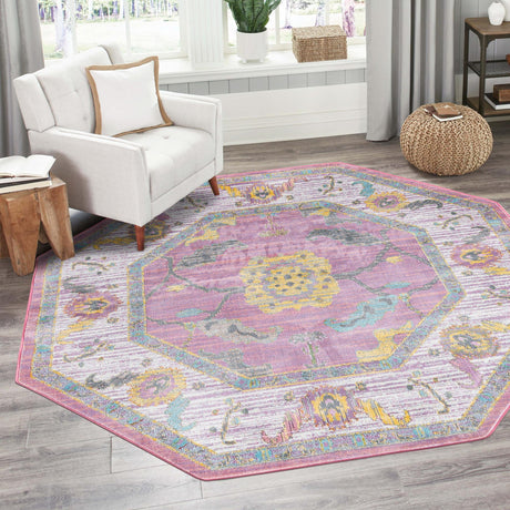 Pink 4' x 4' Paragon Octagon Area Rug 100% Polypropylene Colorful Vivid Boho Style Modern Carpet for Unique Interiors for Sale at Rug Engine