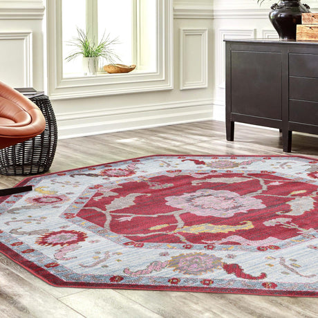 Red 6' x 6' Paragon Octagon Area Rug 100% Polypropylene Colorful Vivid Boho Style Modern Carpet for Unique Interiors for Sale at Rug Engine