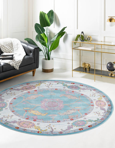 Aqua and Blue 3' 3 x 3' 3 Paragon Round Area Rug 100% Polypropylene Colorful Vivid Boho Style Modern Carpet for Unique Interiors for Sale at Rug Engine