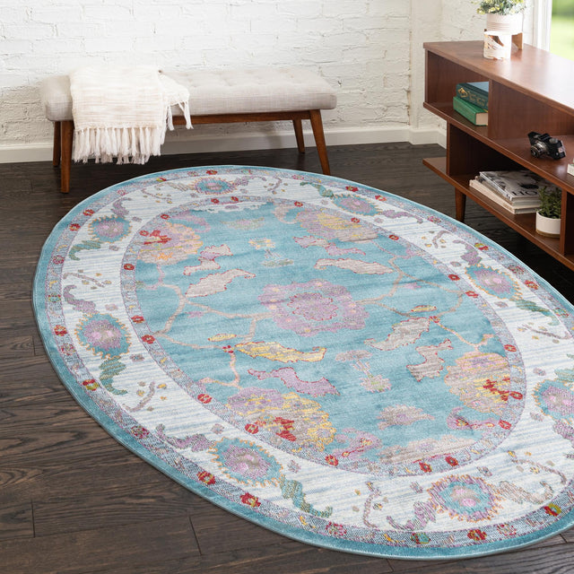 Aqua and Blue 5' 5 x 8' Paragon Oval Area Rug 100% Polypropylene Colorful Vivid Boho Style Modern Carpet for Unique Interiors for Sale at Rug Engine