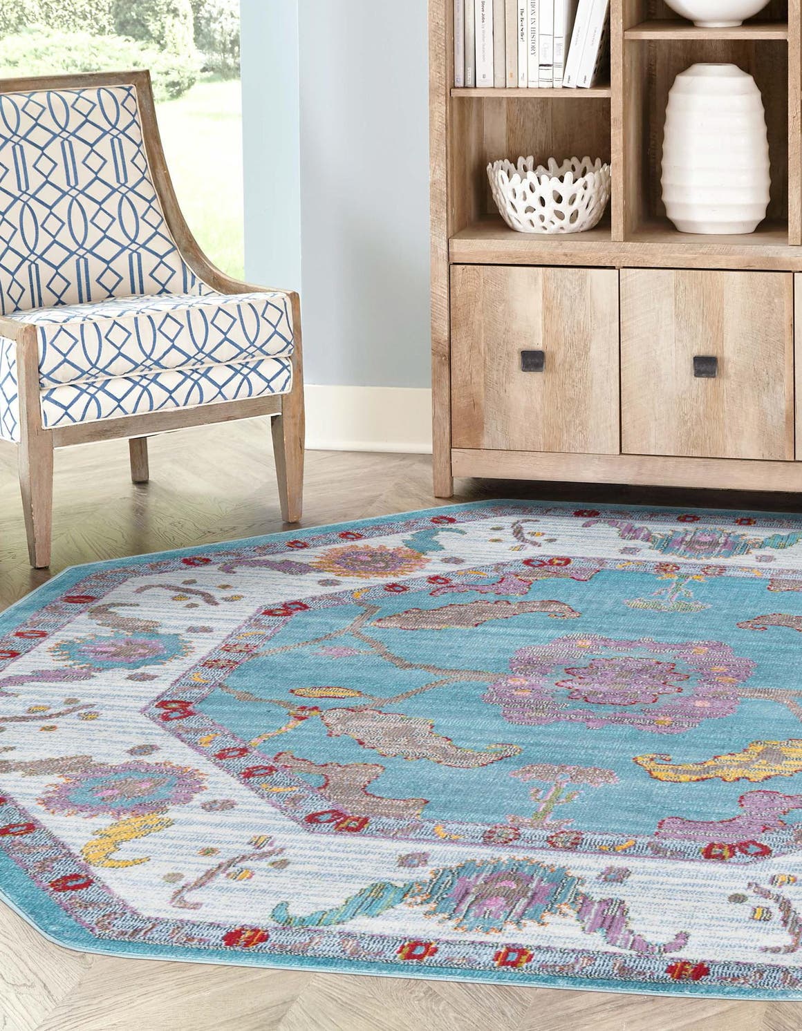 Aqua and Blue 4' x 4' Paragon Octagon Area Rug 100% Polypropylene Colorful Vivid Boho Style Modern Carpet for Unique Interiors for Sale at Rug Engine