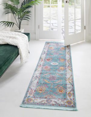 Aqua and Blue 2' 7 x 10' Paragon Runner Area Rug 100% Polypropylene Colorful Vivid Boho Style Modern Carpet for Unique Interiors for Sale at Rug Engine