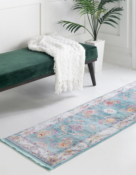 Aqua and Blue 2' 7 x 10' Paragon Runner Area Rug 100% Polypropylene Colorful Vivid Boho Style Modern Carpet for Unique Interiors for Sale at Rug Engine