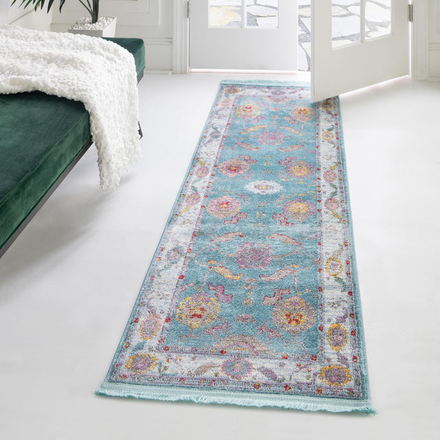 Aqua and Blue 2' 7 x 10' Paragon Runner Area Rug 100% Polypropylene Colorful Vivid Boho Style Modern Carpet for Unique Interiors for Sale at Rug Engine