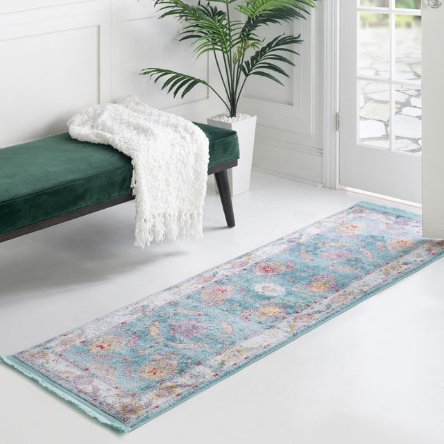 Aqua and Blue 2' 7 x 10' Paragon Runner Area Rug 100% Polypropylene Colorful Vivid Boho Style Modern Carpet for Unique Interiors for Sale at Rug Engine