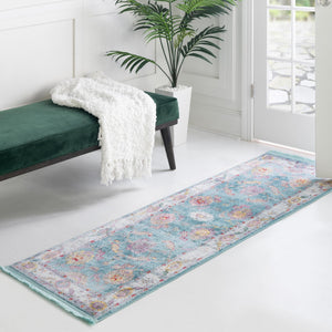 Aqua and Blue 2' 2 x 6' Paragon Runner Area Rug 100% Polypropylene Colorful Vivid Boho Style Modern Carpet for Unique Interiors for Sale at Rug Engine