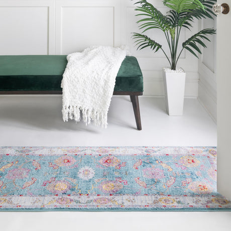 Aqua and Blue 2' 7 x 10' Paragon Runner Area Rug 100% Polypropylene Colorful Vivid Boho Style Modern Carpet for Unique Interiors for Sale at Rug Engine