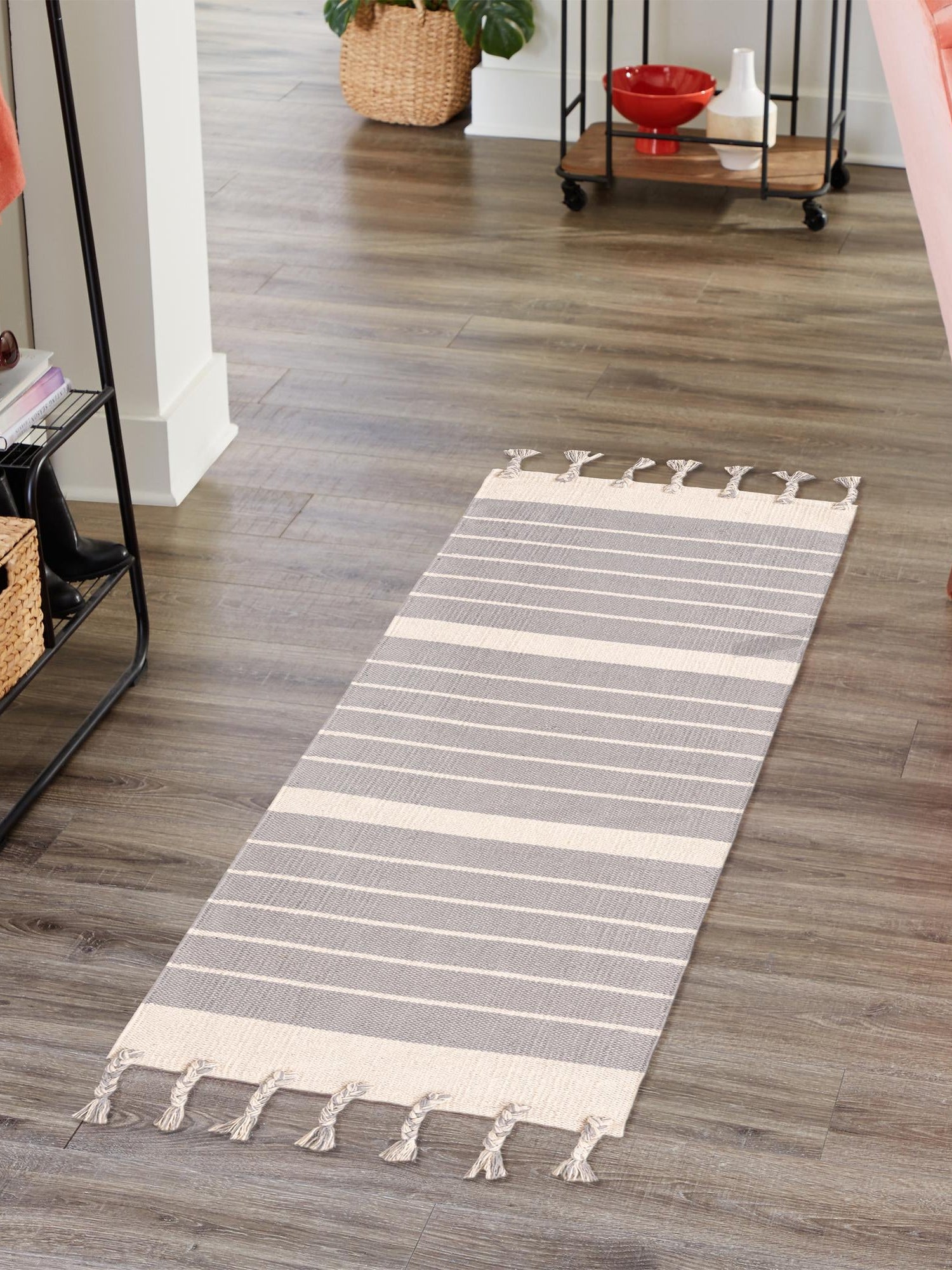 Gray and White 2' 2 x 6' 1 Chindi Cotton Runner Area Rug Interior Design Home Decor Carpet Mat for Sale at Rug Engine