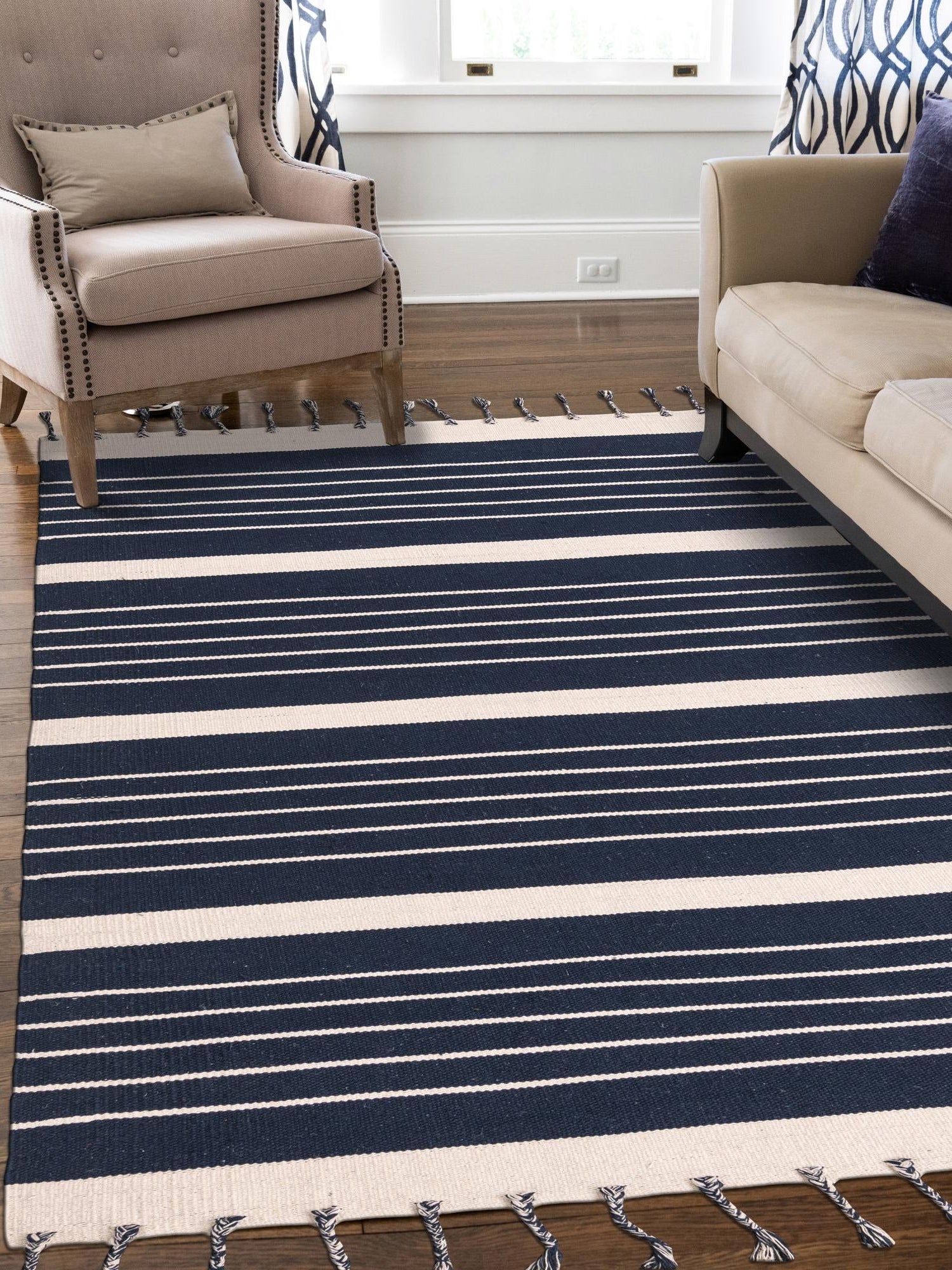 Navy and White 10' x 14' 1 Chindi Cotton Rectangle Area Rug Interior Design Home Decor Carpet Mat for Sale at Rug Engine