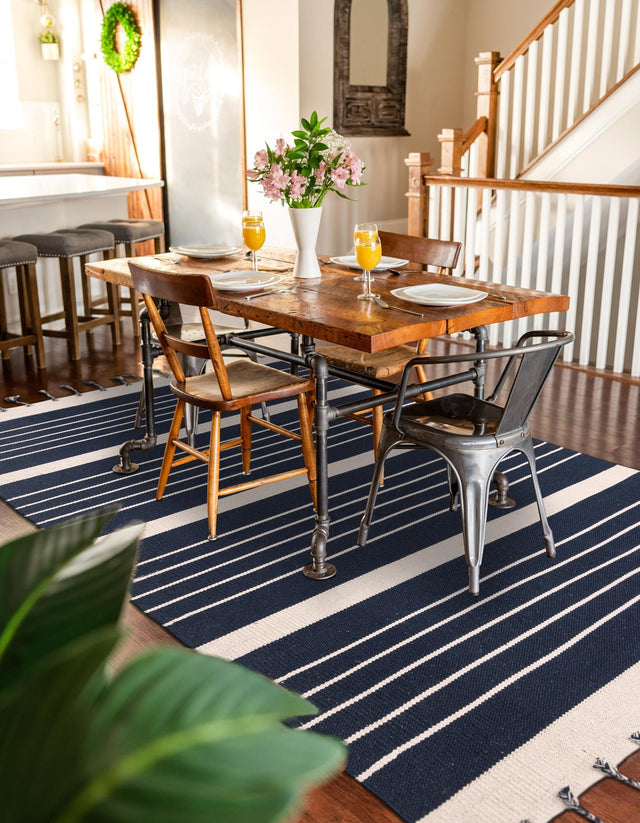 Navy and White 5' 1 x 8' Chindi Cotton Rectangle Rug