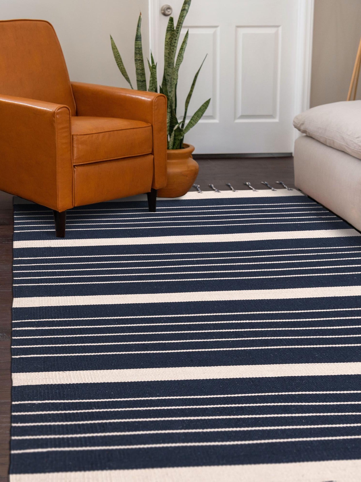 Navy and White 4' 1 x 6' 1 Chindi Cotton Rectangle Area Rug Interior Design Home Decor Carpet Mat for Sale at Rug Engine