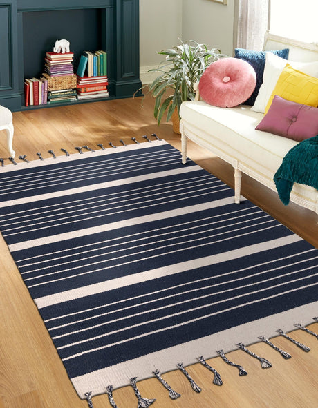 Navy and White 2' x 3' 1 Chindi Cotton Rectangle Area Rug Interior Design Home Decor Carpet Mat for Sale at Rug Engine