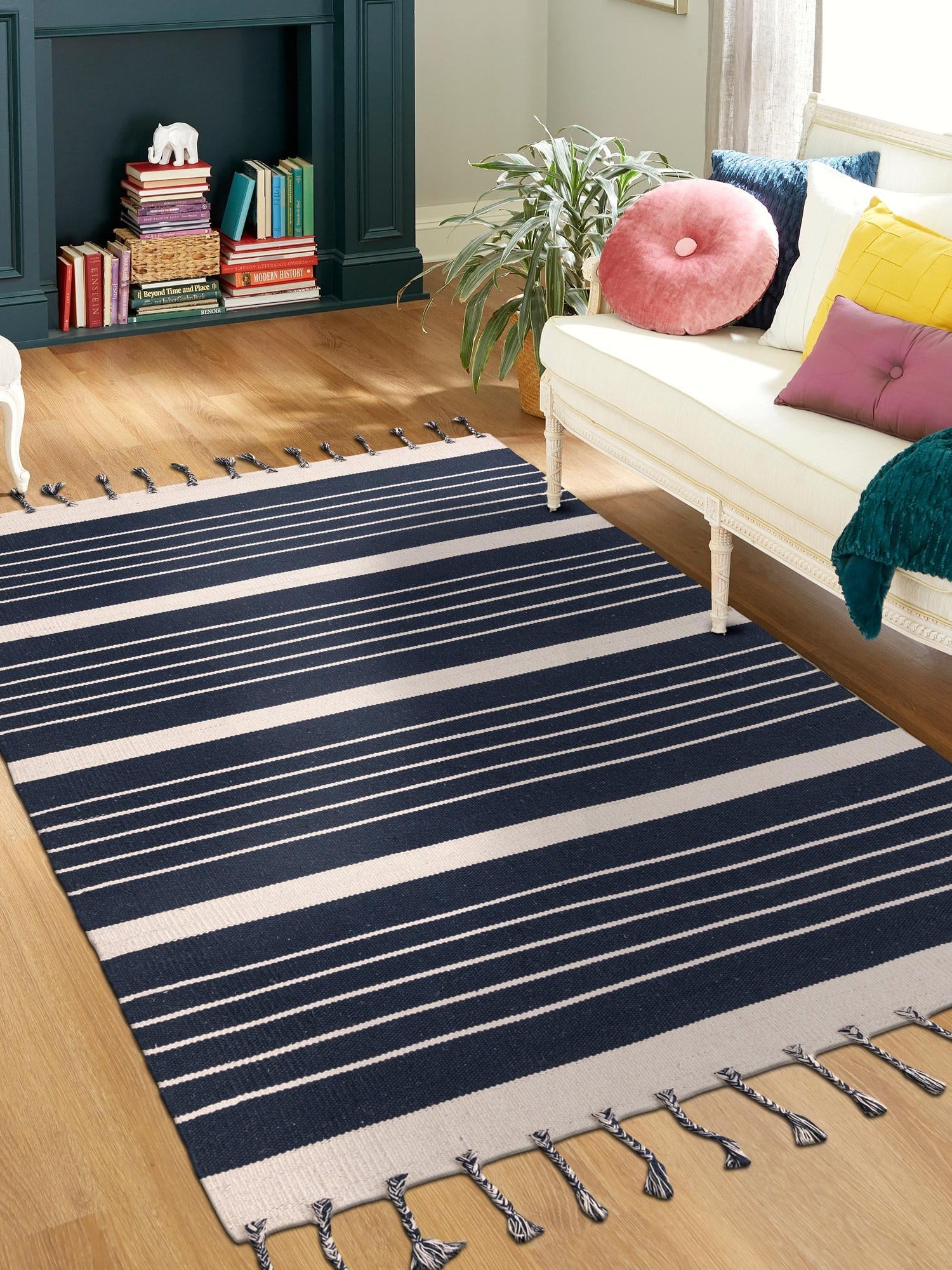 Navy and White 5' 1 x 8' Chindi Cotton Rectangle Area Rug Interior Design Home Decor Carpet Mat for Sale at Rug Engine