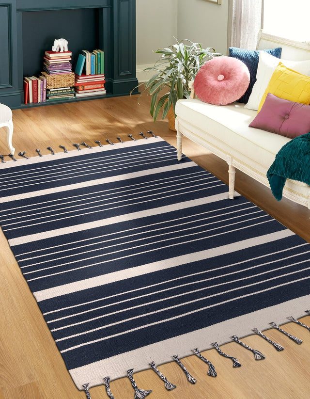 Navy and White 5' 1 x 8' Chindi Cotton Rectangle Rug