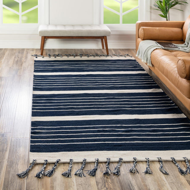 Navy and White 5' 1 x 8' Chindi Cotton Rectangle Rug