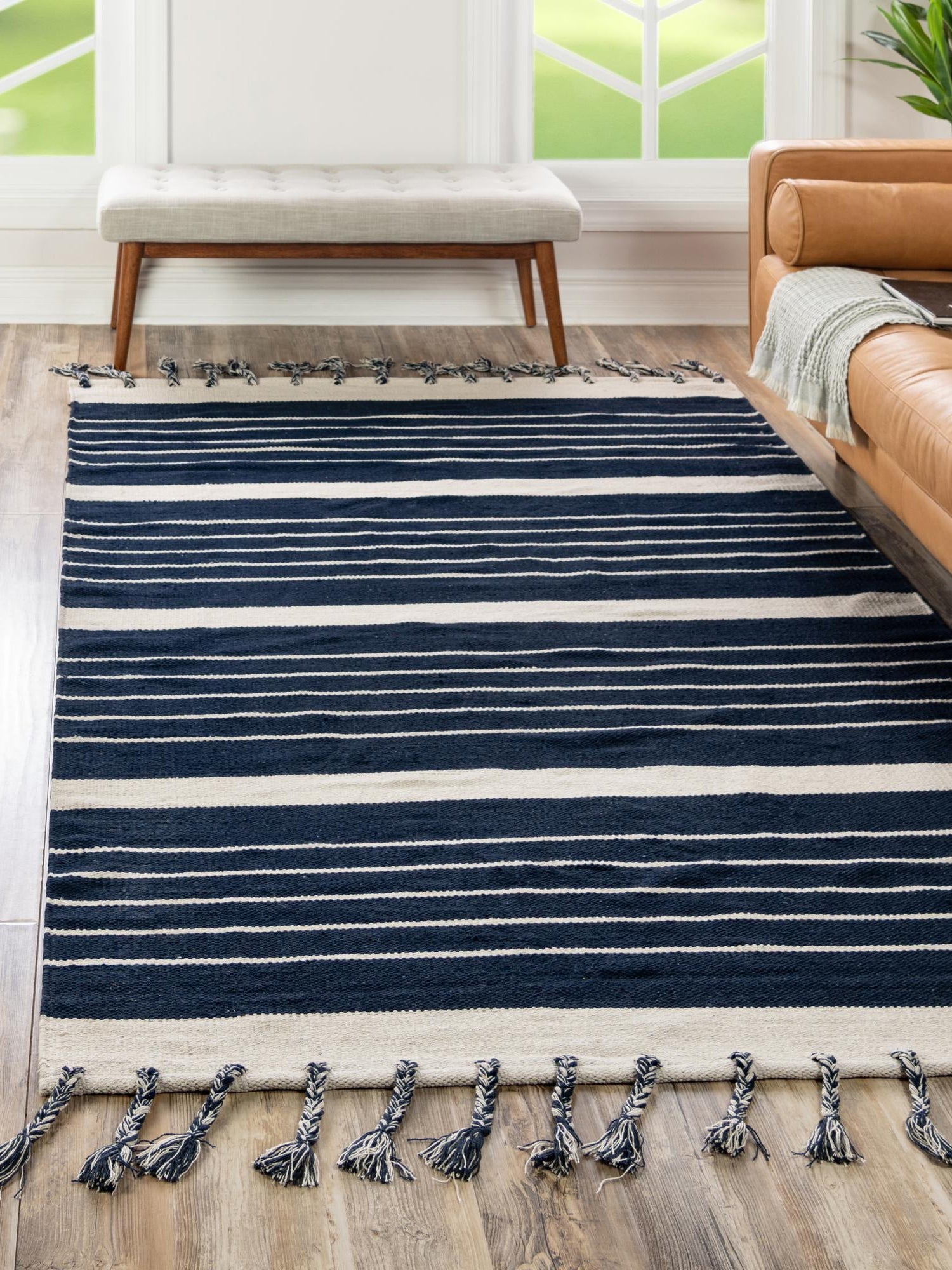 Navy and White 4' 1 x 6' 1 Chindi Cotton Rectangle Area Rug Interior Design Home Decor Carpet Mat for Sale at Rug Engine