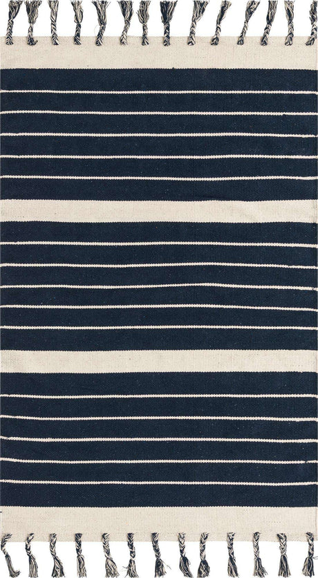 Navy and White 4' 1 x 6' 1 Chindi Cotton Rectangle Rug