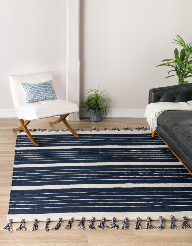 Navy and White 10' x 10' Chindi Cotton Square Rug
