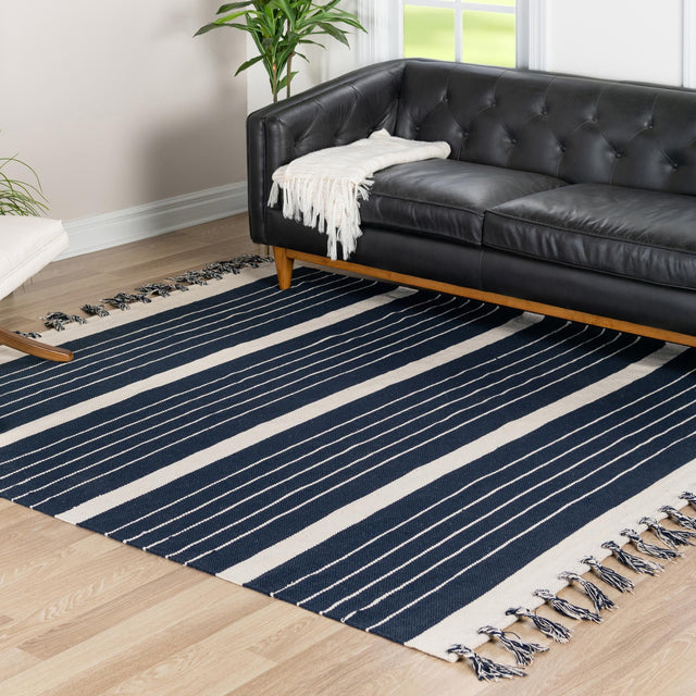 Navy and White 10' x 10' Chindi Cotton Square Rug