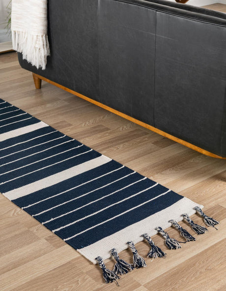 Navy and White 2' 2 x 6' 1 Chindi Cotton Runner Rug