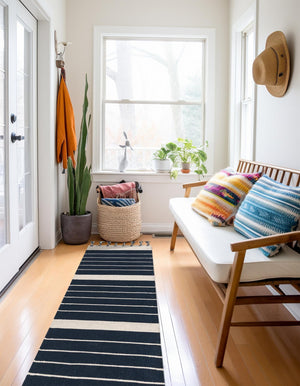 Navy and White 2' 2 x 6' 1 Chindi Cotton Runner Rug