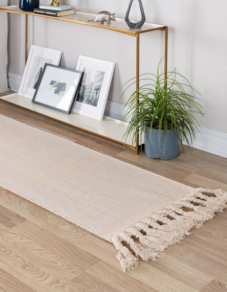 Beige and White 2' 7 x 10' Chindi Cotton Runner Area Rug Interior Design Home Decor Carpet Mat for Sale at Rug Engine