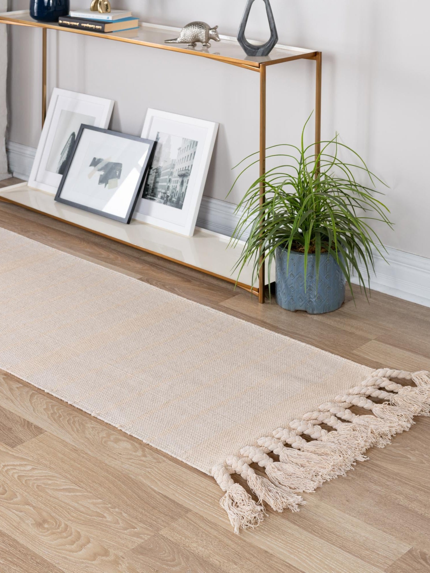 Beige and White 2' 7 x 12' Chindi Cotton Runner Area Rug Interior Design Home Decor Carpet Mat for Sale at Rug Engine