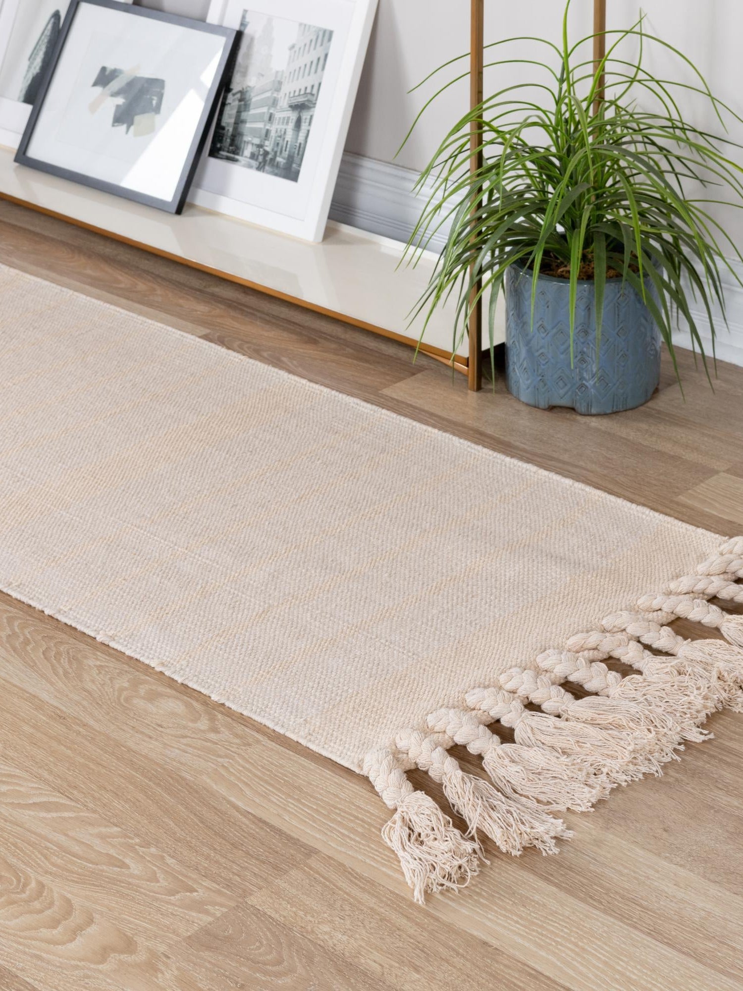 Beige and White 2' 2 x 6' 1 Chindi Cotton Runner Area Rug Interior Design Home Decor Carpet Mat for Sale at Rug Engine