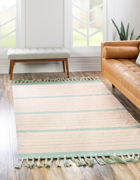 White and Aqua 2' x 3' 1 Chindi Cotton Rectangle Rug