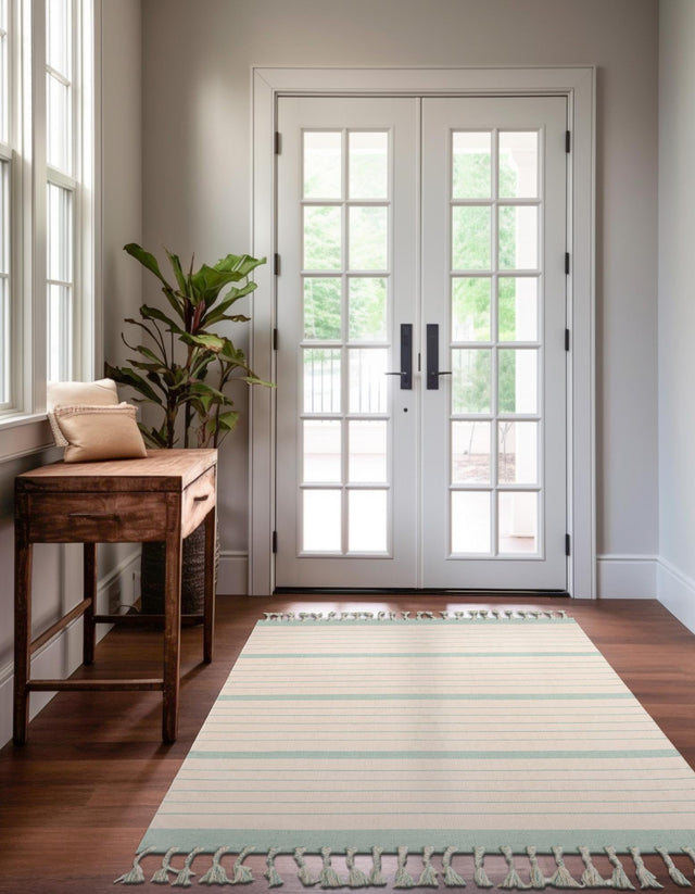 White and Aqua 10' x 14' 1 Chindi Cotton Rectangle Rug