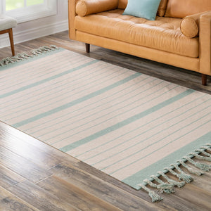 White and Aqua 5' 1 x 8' Chindi Cotton Rectangle Rug