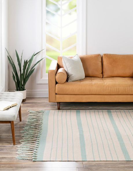 White and Aqua 7' 1 x 7' 1 Chindi Cotton Square Rug